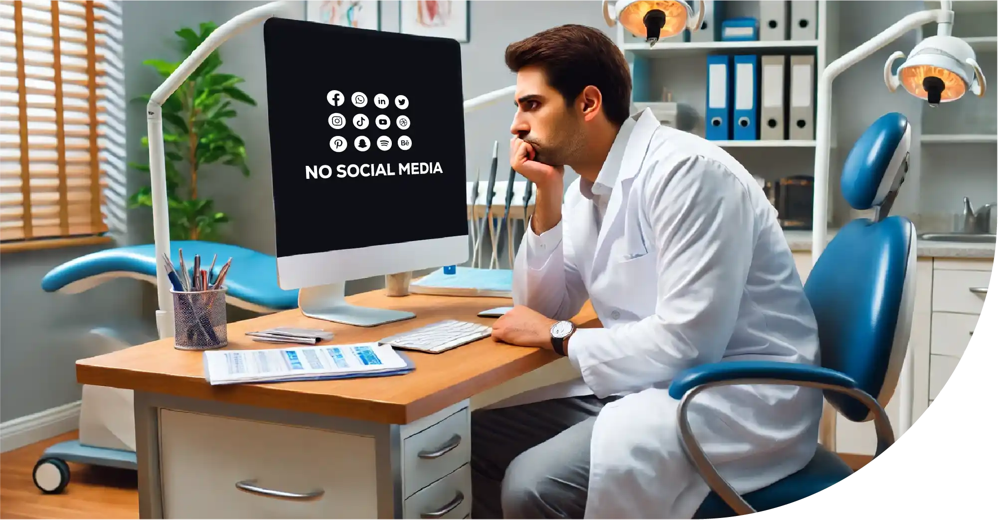 A dentist looking concerned in an empty office, representing the missed opportunities due to the absence of social media marketing.