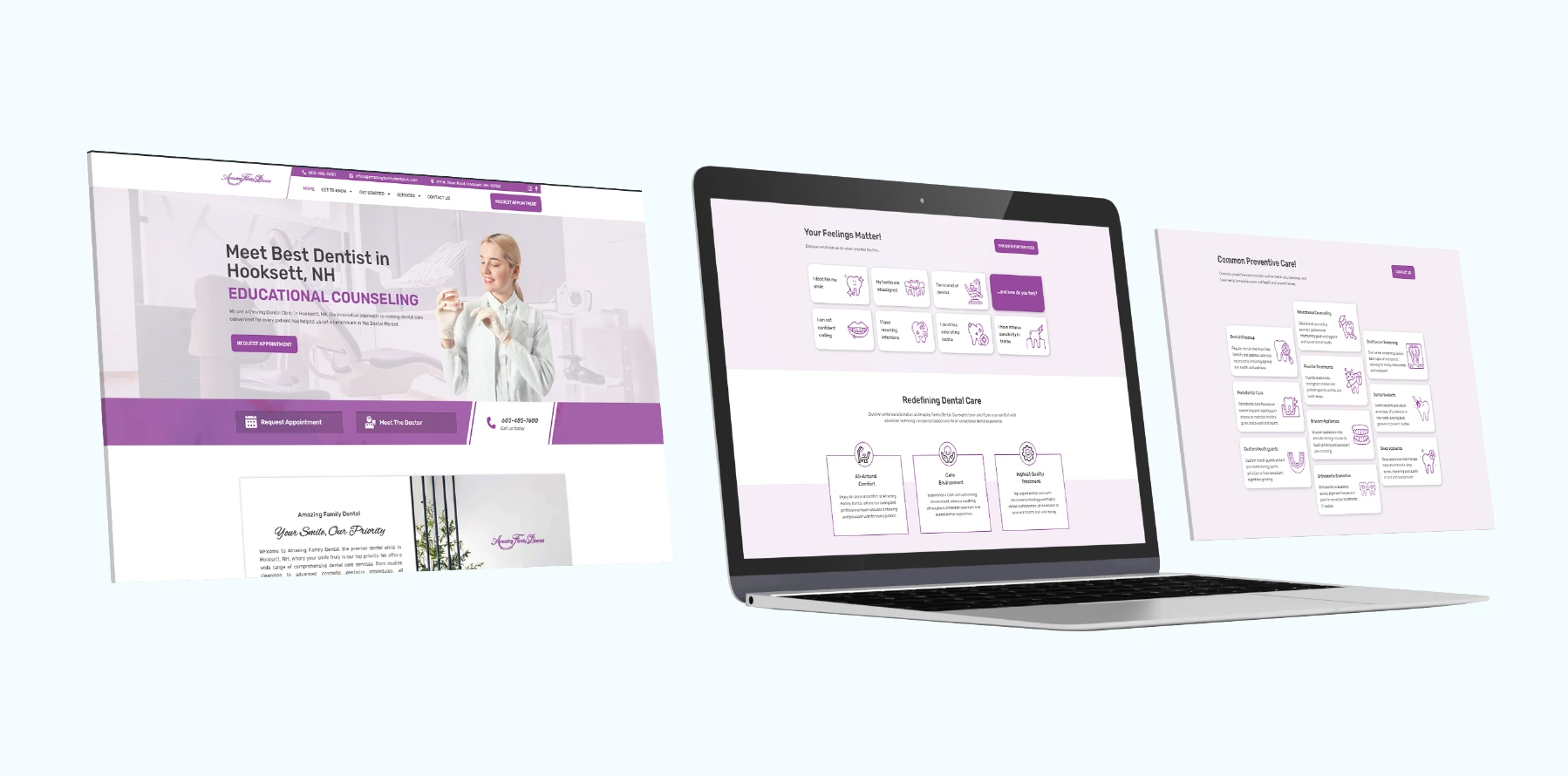 Custom website design for dental practices, enhancing user experience and patient engagement online.