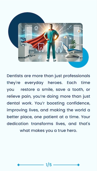 Our Story slide 1: dentists are everyday heroes – illustration of a dentist as a superhero